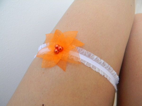 Jarretière mariage, organza blanc, orange